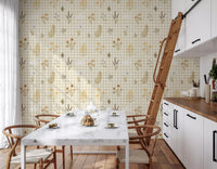 Floral gingham wallpaper with delicate wildflowers and canvas texture