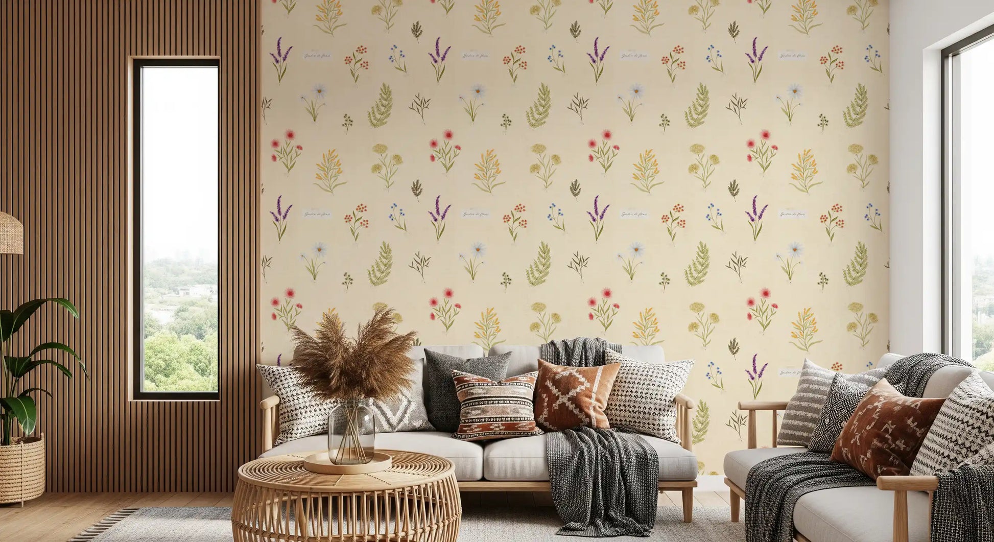 Vintage botanical wallpaper with pastel Wildflowers and subtle fabric effect