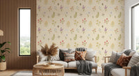Vintage botanical wallpaper with pastel Wildflowers and subtle fabric effect
