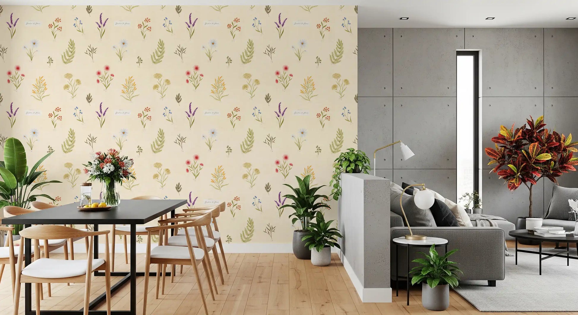 Jardin des Elegant floral wallpaper with daisy, lavender, and fern detailing