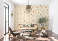 Hallway interior using botanical wallpaper with soft neutral floral pattern