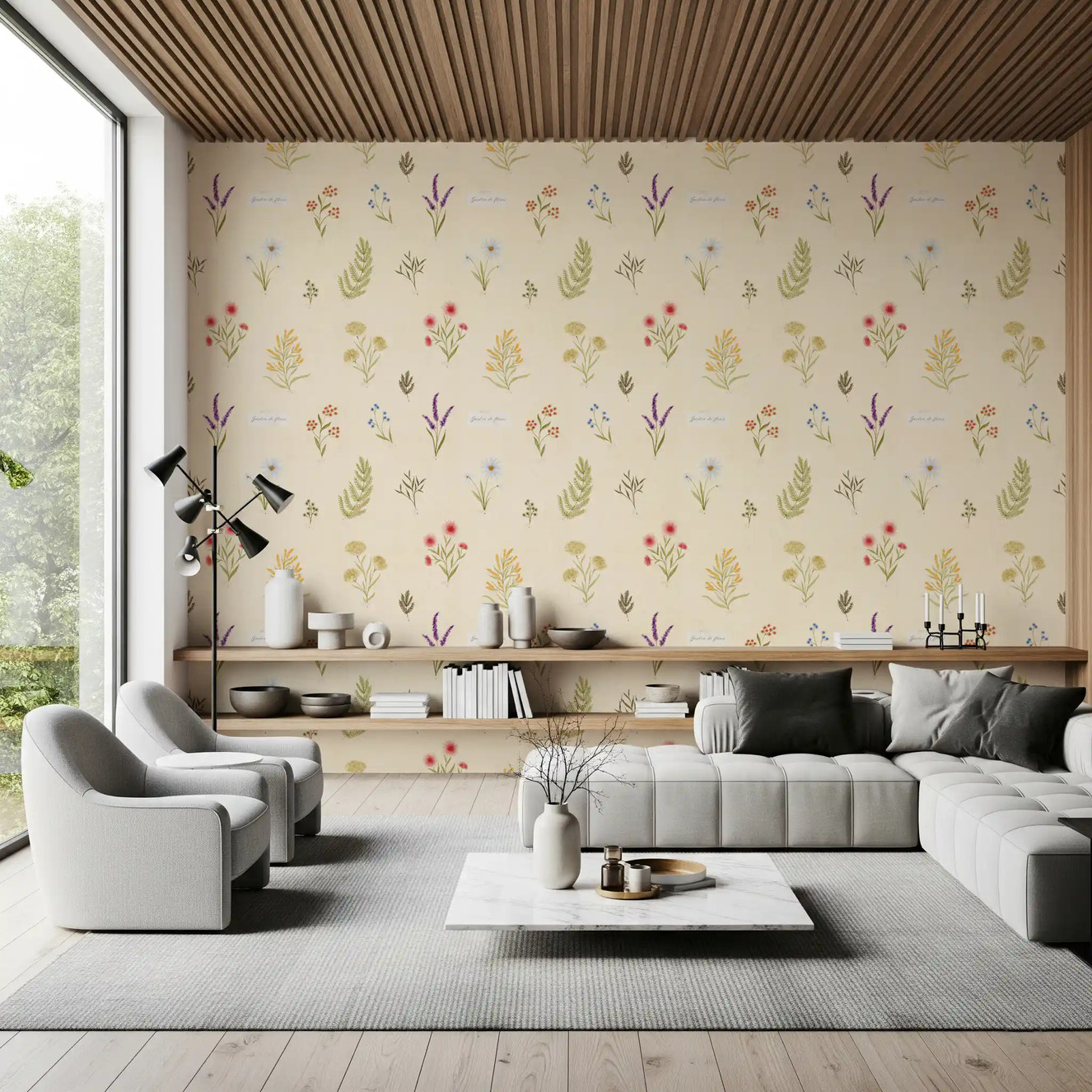 Living room decor with wildflowers collection wallpaper and soft botanical pattern