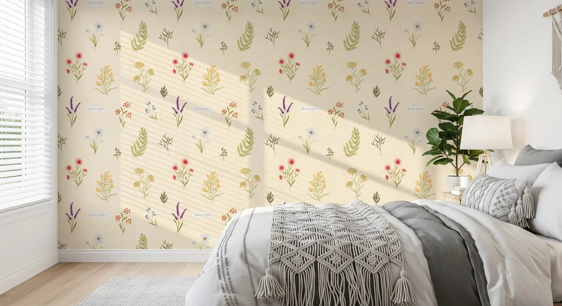 Bedroom styled floral collection wallpaper with pastel wildflower design