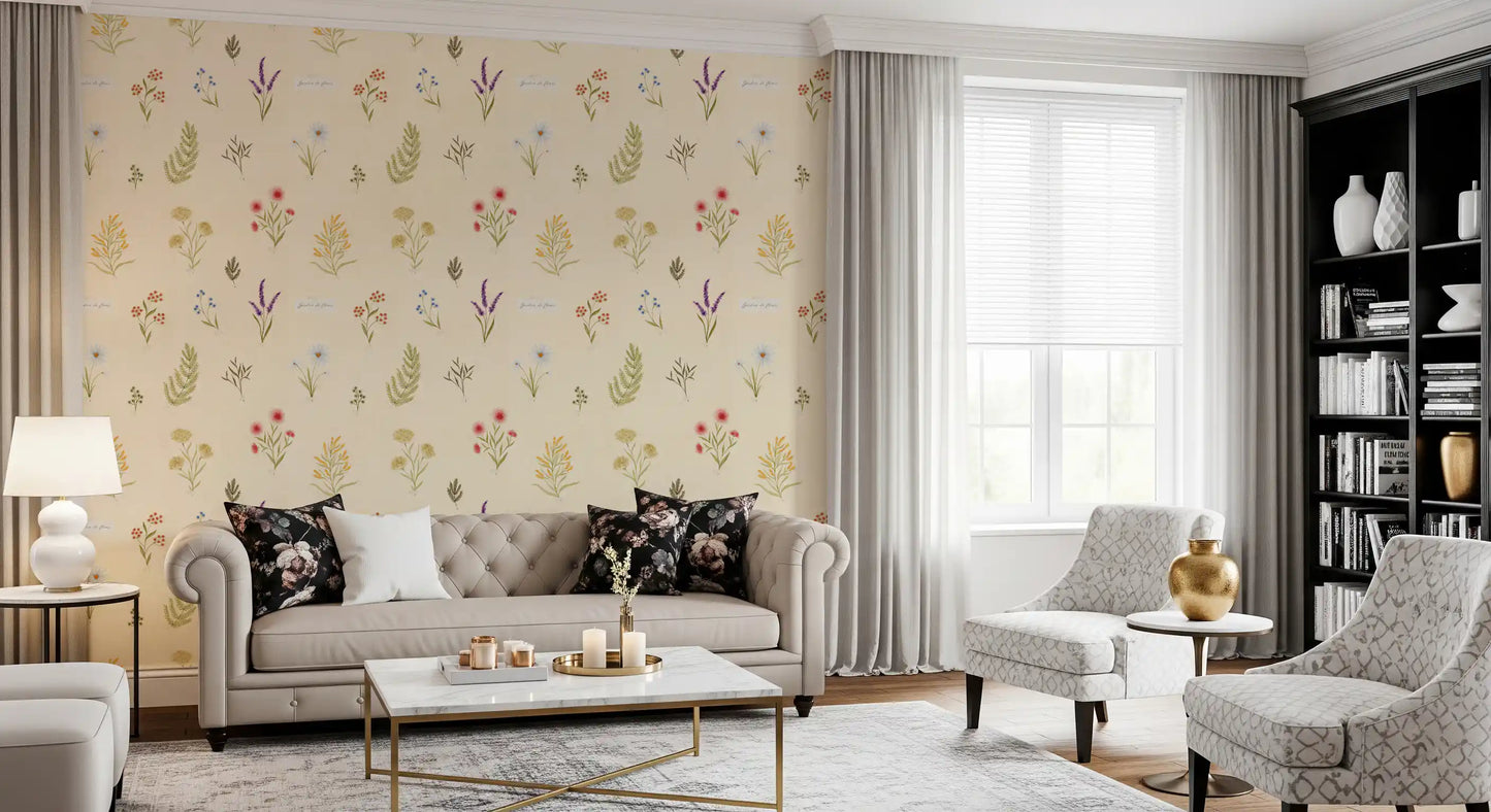 Garden inspired wallpaper with scattered wildflowers and muted palette