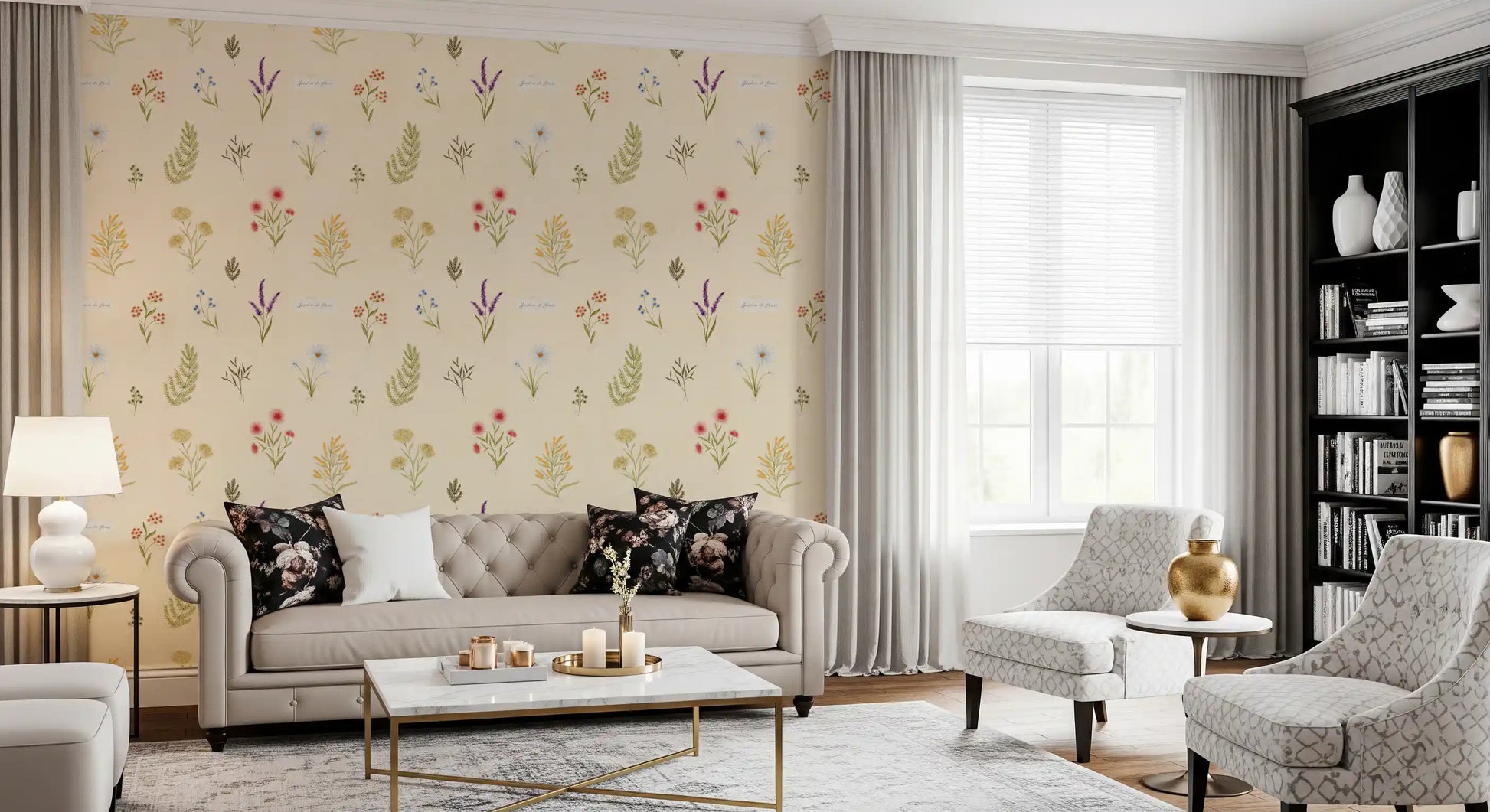 Garden inspired wallpaper with scattered wildflowers and muted palette
