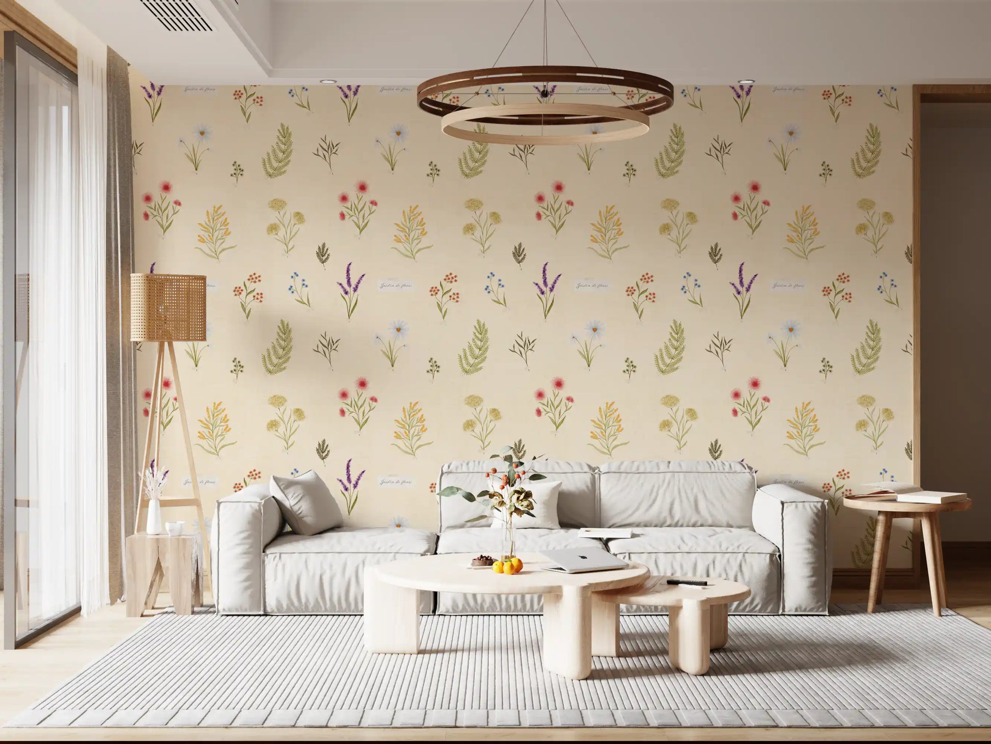 Soft floral collection wallpaper with delicate wildflowers and canvas texture