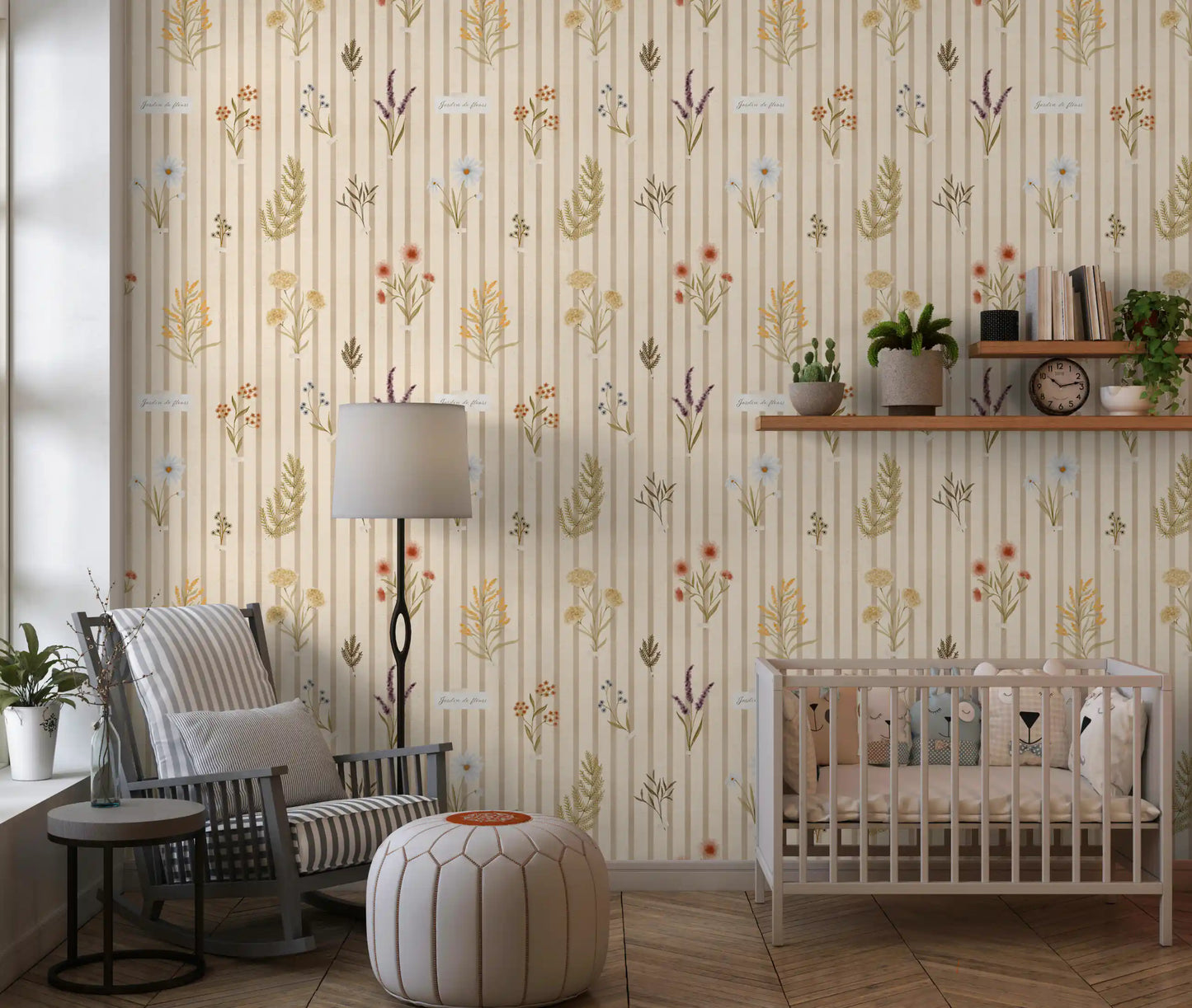 Hallway styled floral stripe wallpaper with pastel wildflower design