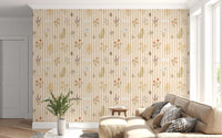 Living room decor with wildflowers stripe wallpaper and soft botanical pattern