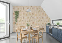 Kitchen area interior using botanical stripe wallpaper with soft canvas texture