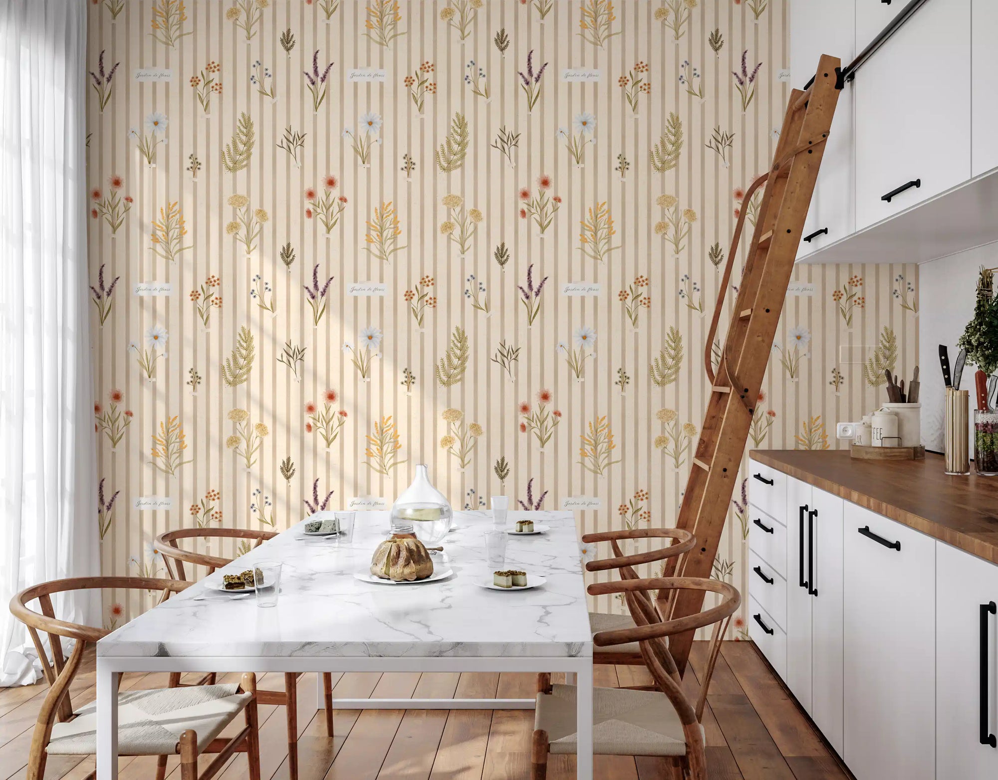 Botanical wildflower wallpaper with vertical stripes and soft neutral tones