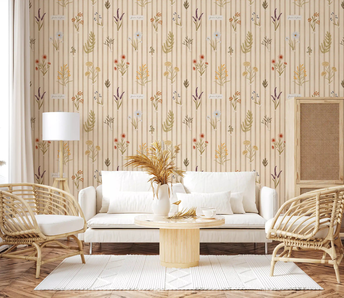 Garden inspired wallpaper with wildflowers and subtle striped design