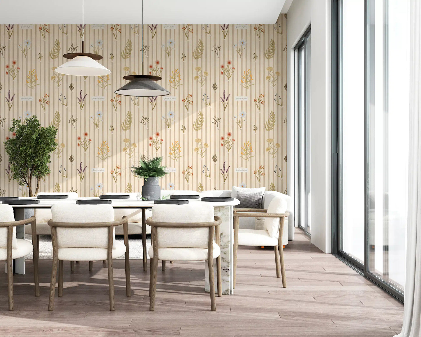 Soft wildflower wallpaper with vertical stripe pattern and pastel accents