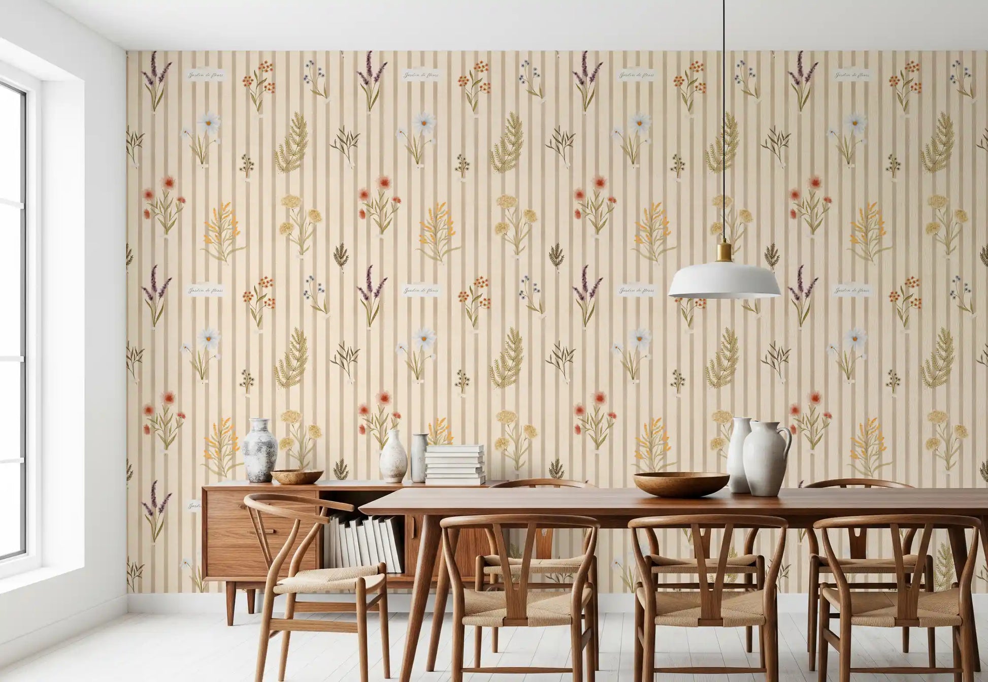 Elegant floral stripe wallpaper with botanical stems and neutral colors