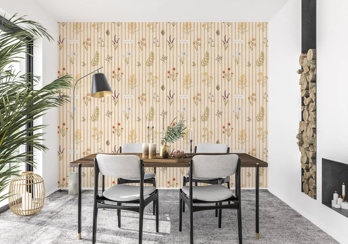 Dining room setup with wildflower stripe wallpaper and vintage floral pattern