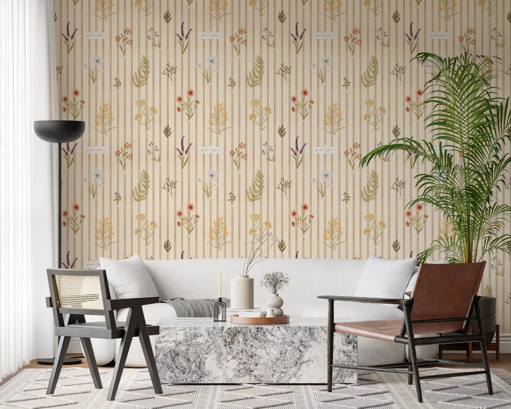 Vintage botanical wallpaper with striped background and floral elements