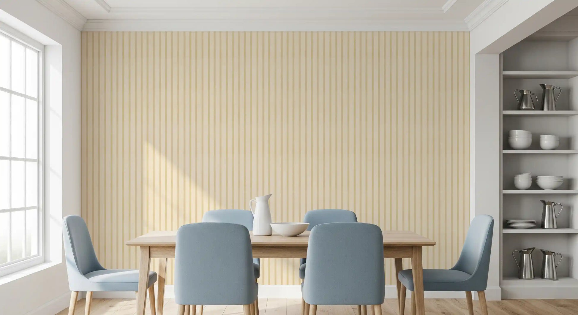 Dining room interior with vertical stripe wallpaper and soft fabric finish