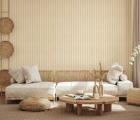 Hallway decor using muted candy stripe wallpaper in beige tones