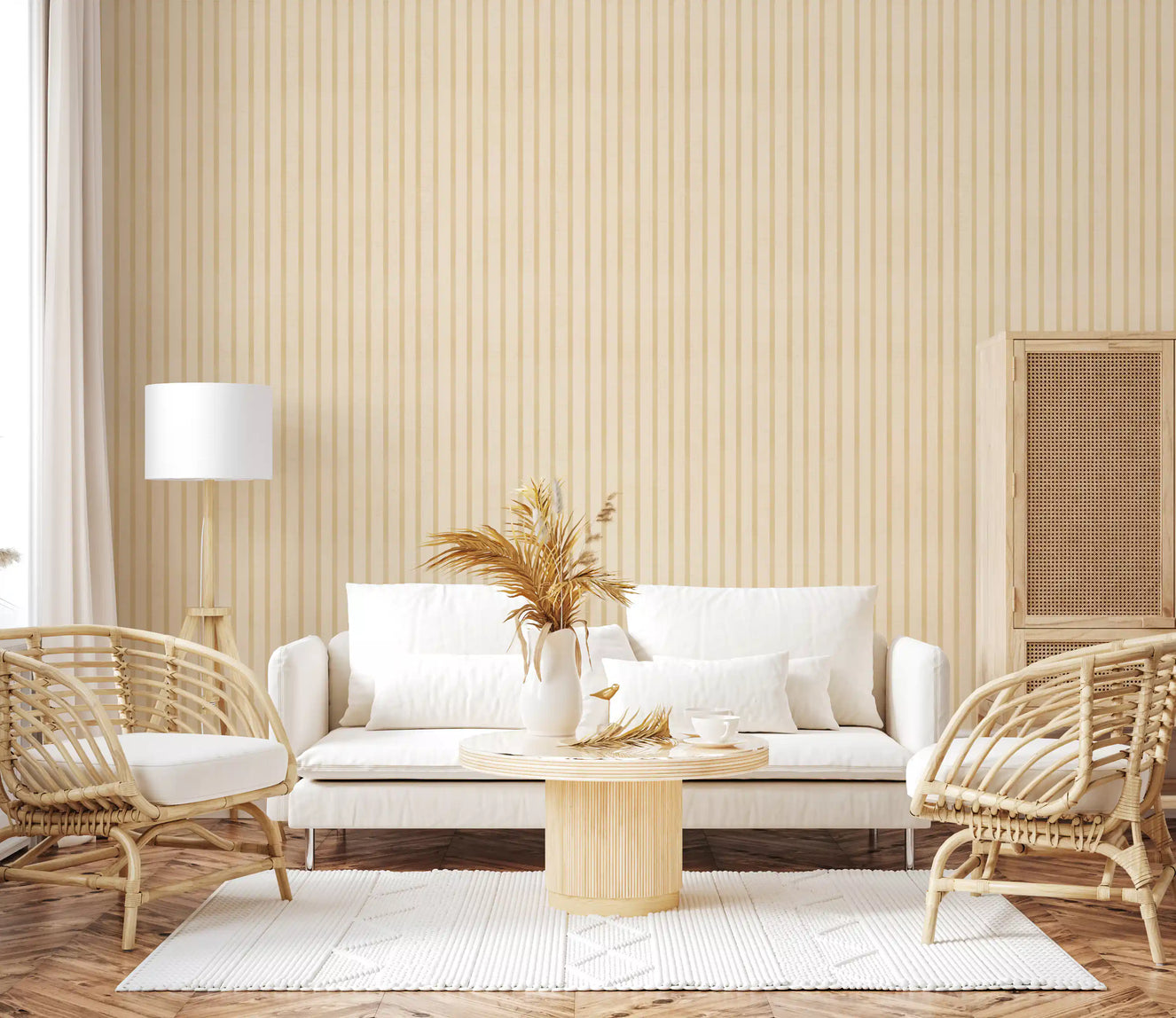 Living room styled soft candy stripes wallpaper with neutral canvas texture