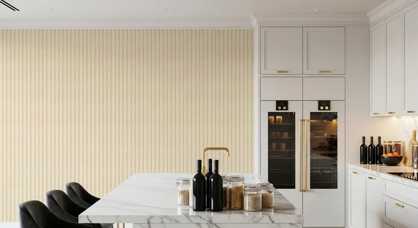 Kitchen area setup with vintage stripe wallpaper and canvas texture look