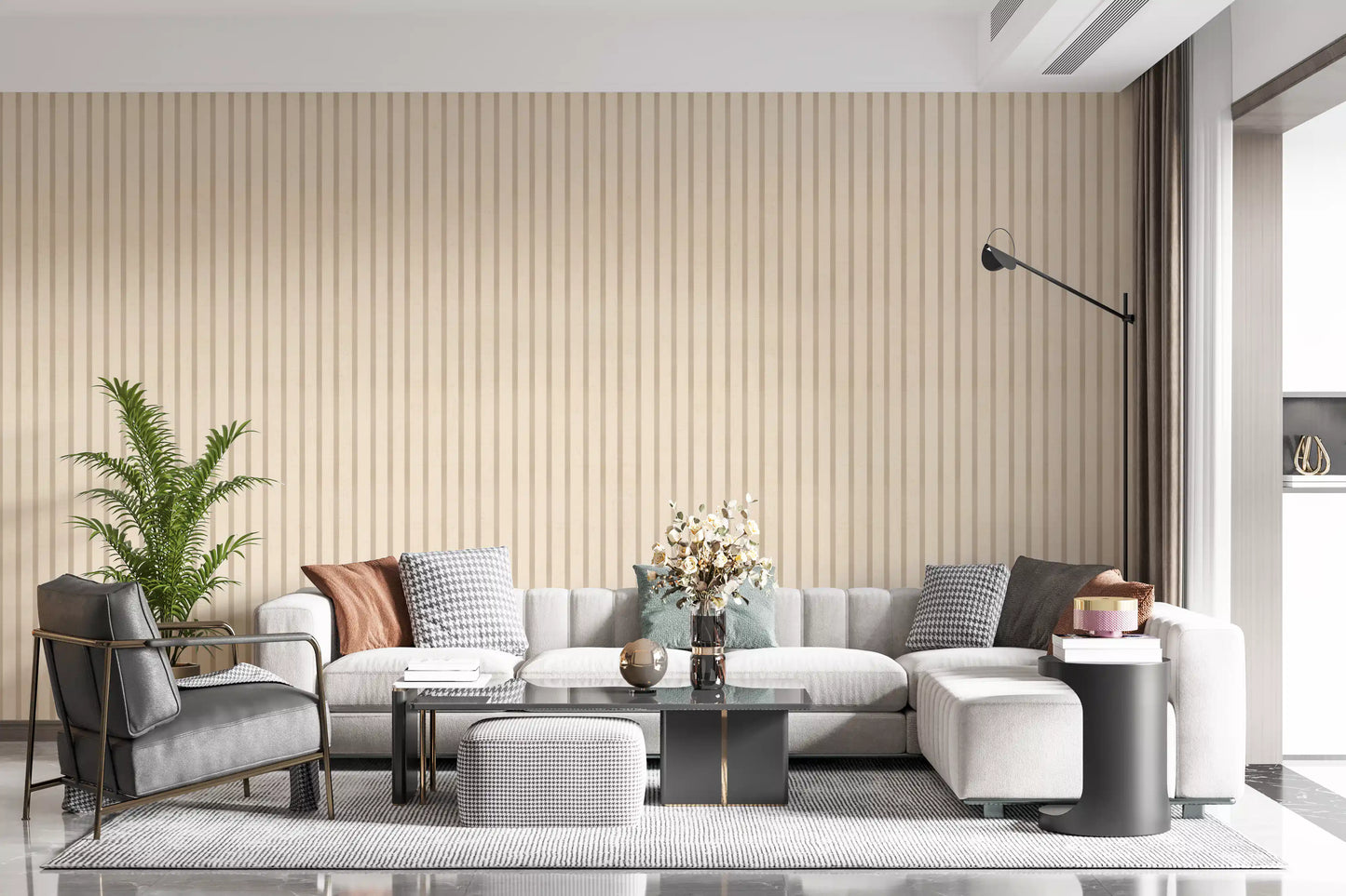 Living room styled soft candy stripes wallpaper with vintage canvas texture