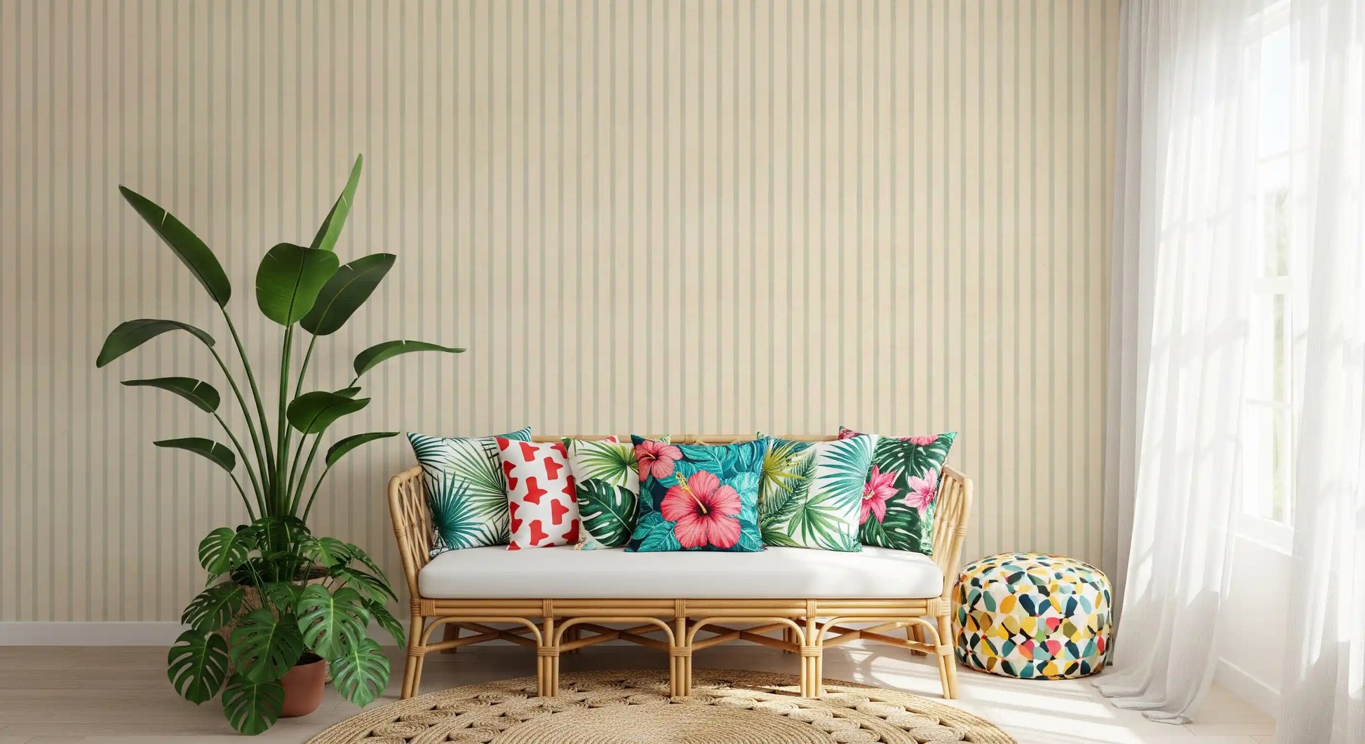 Hallway design using muted stripe wallpaper with subtle canvas finish