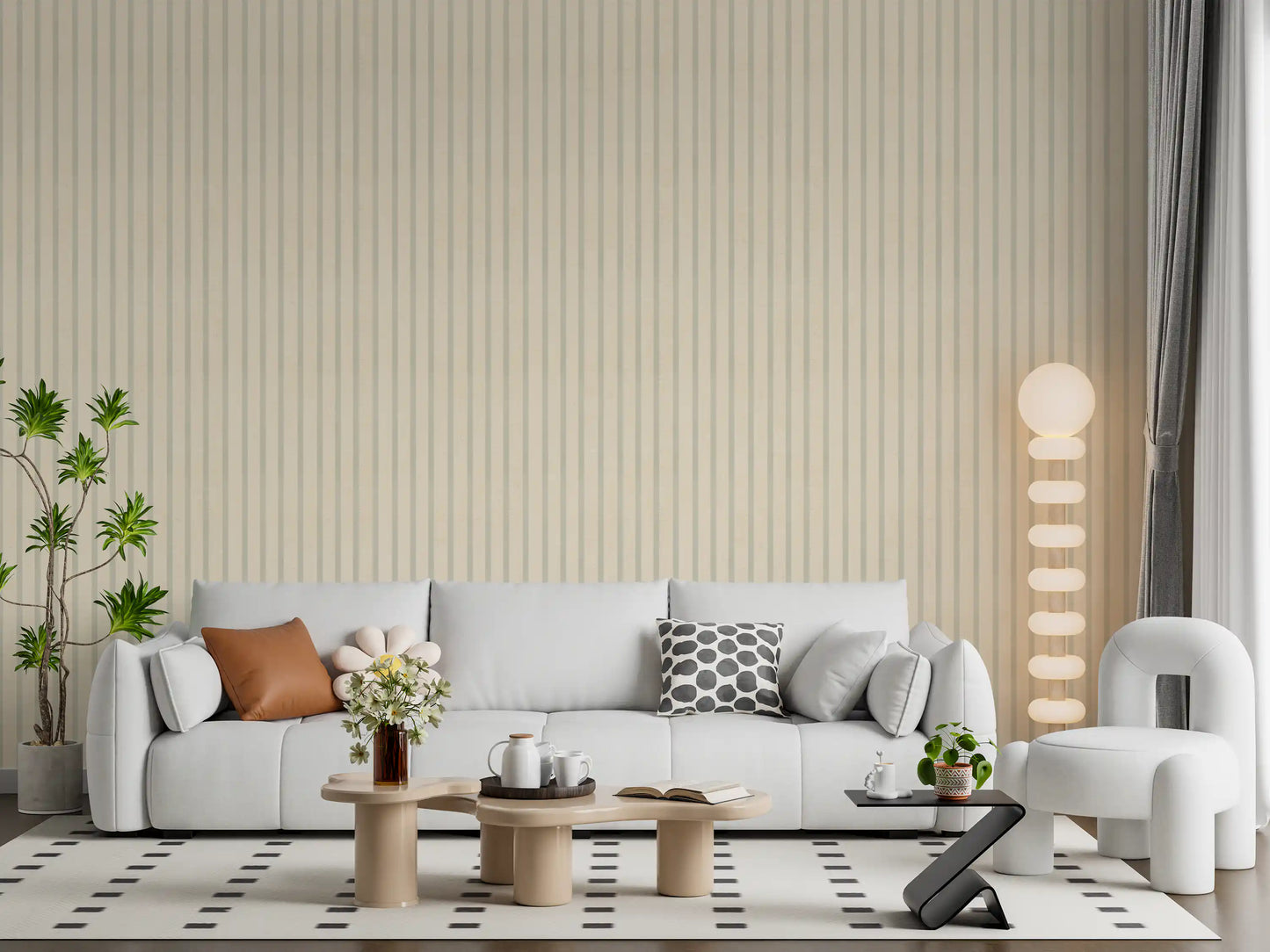 Soft striped wallpaper in beige and sage with subtle fabric texture look