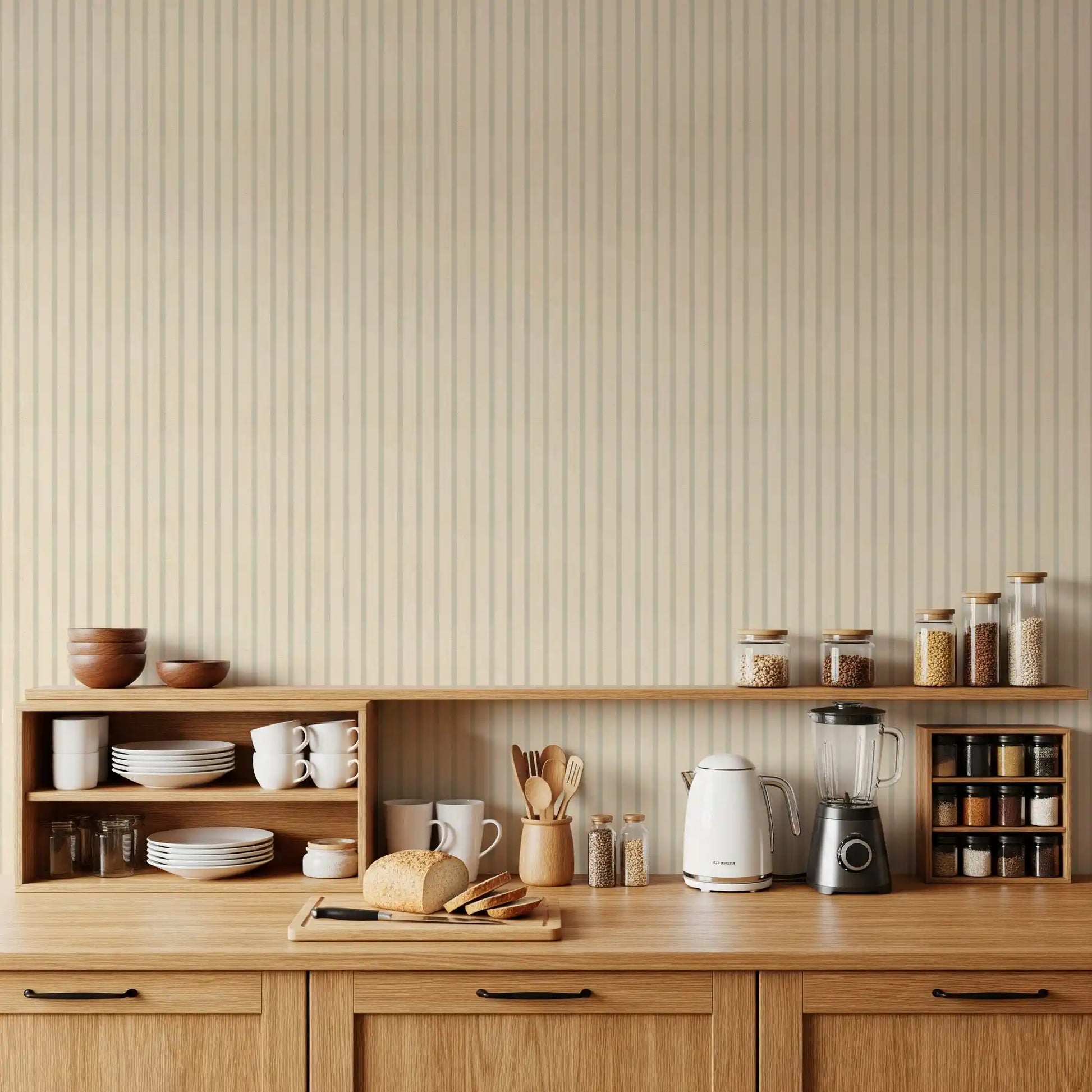 Soft beige stripe wallpaper with clean vertical pattern and fabric feel