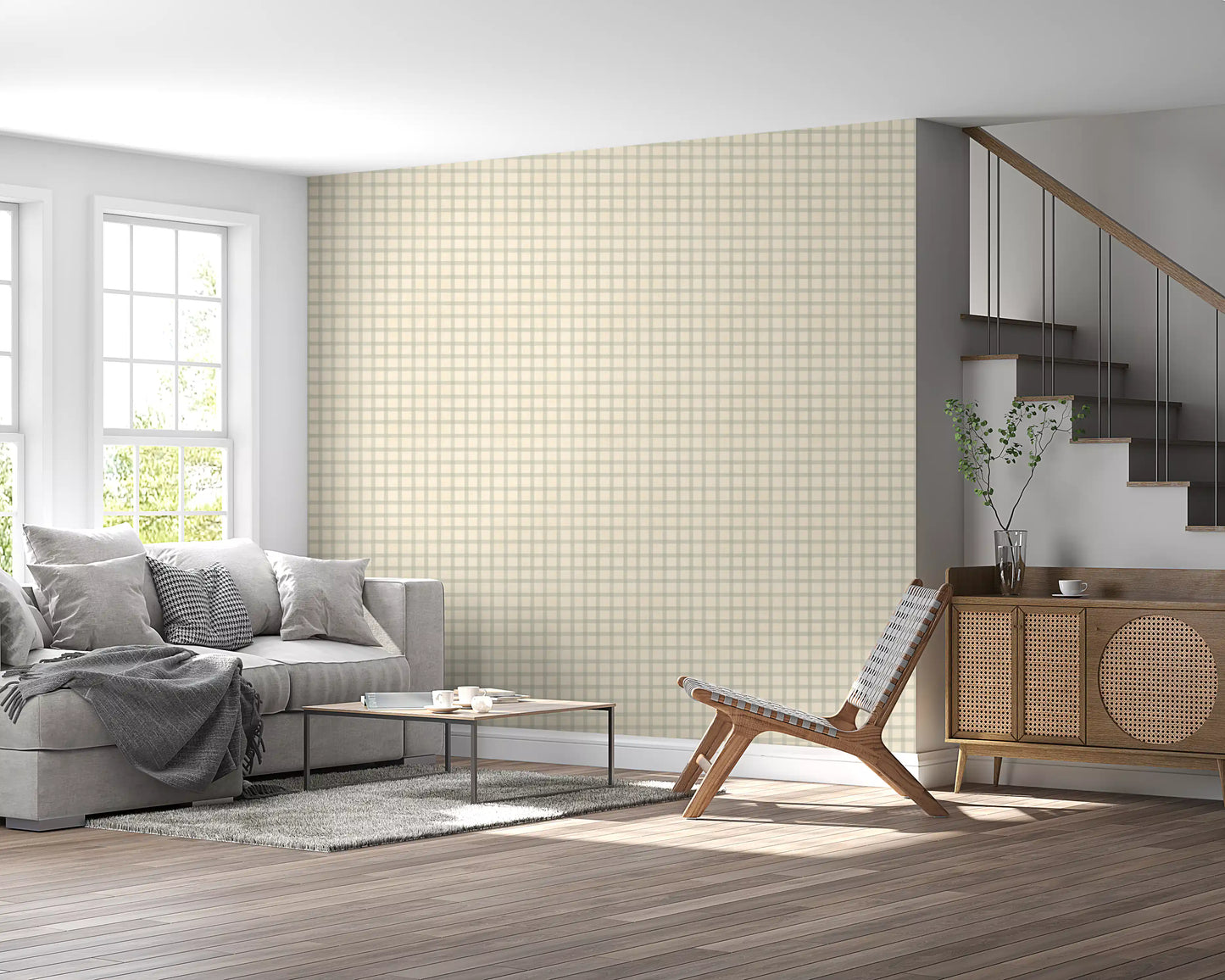 Canvas-inspired gingham wallpaper in calm cream and taupe shades