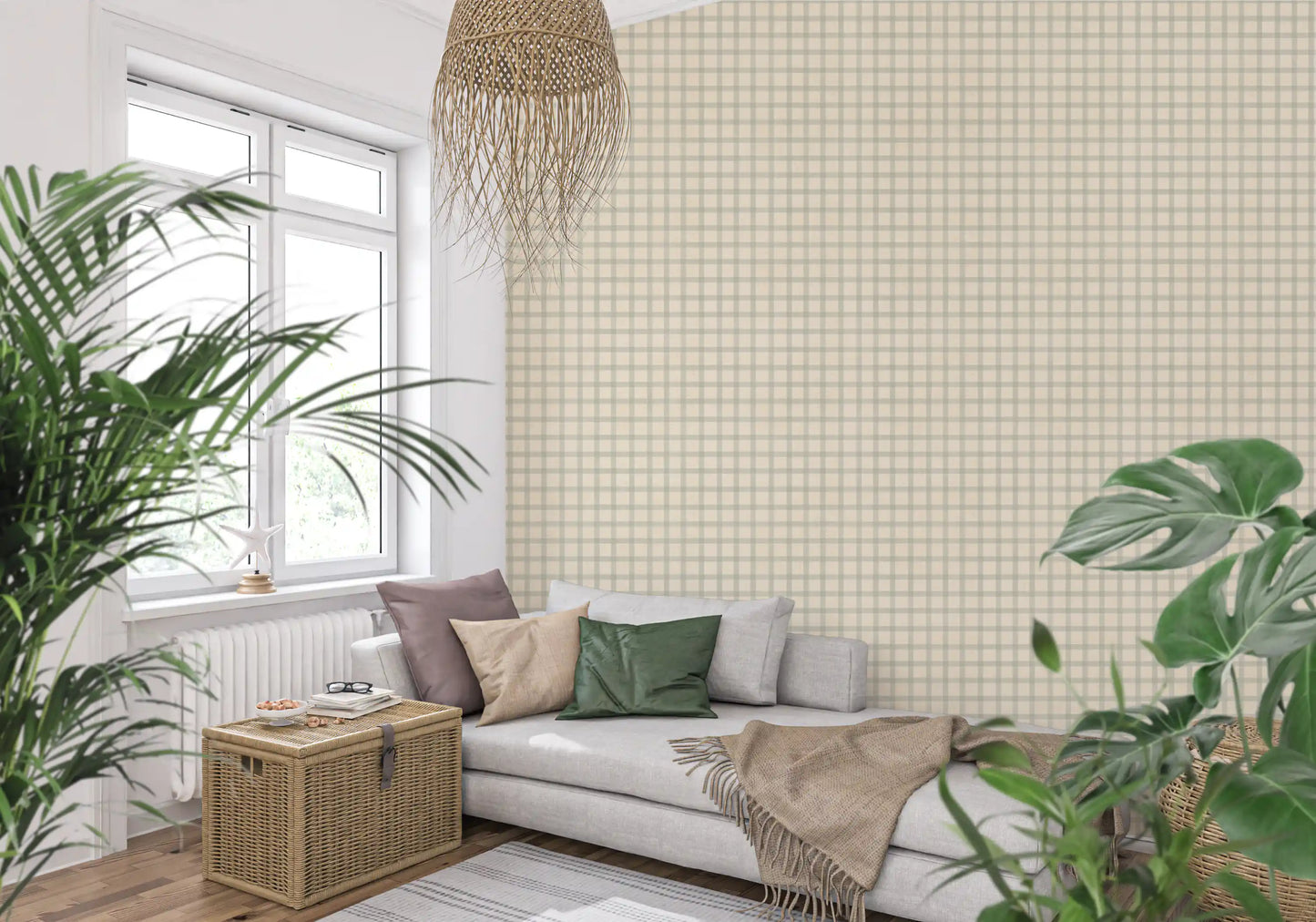 Muted taupe gingham wallpaper with subtle checkered canvas pattern