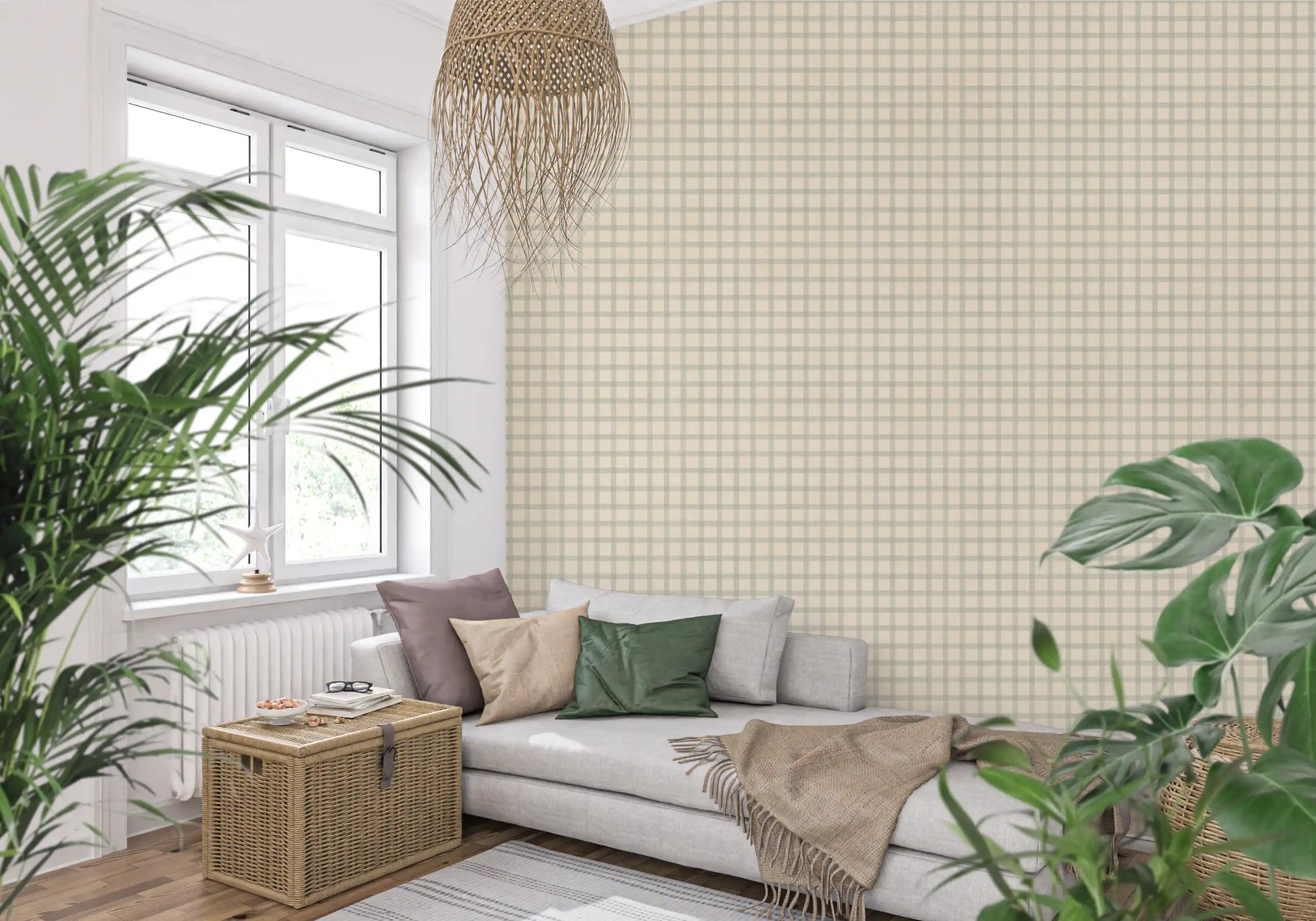 Muted taupe gingham wallpaper with subtle checkered canvas pattern