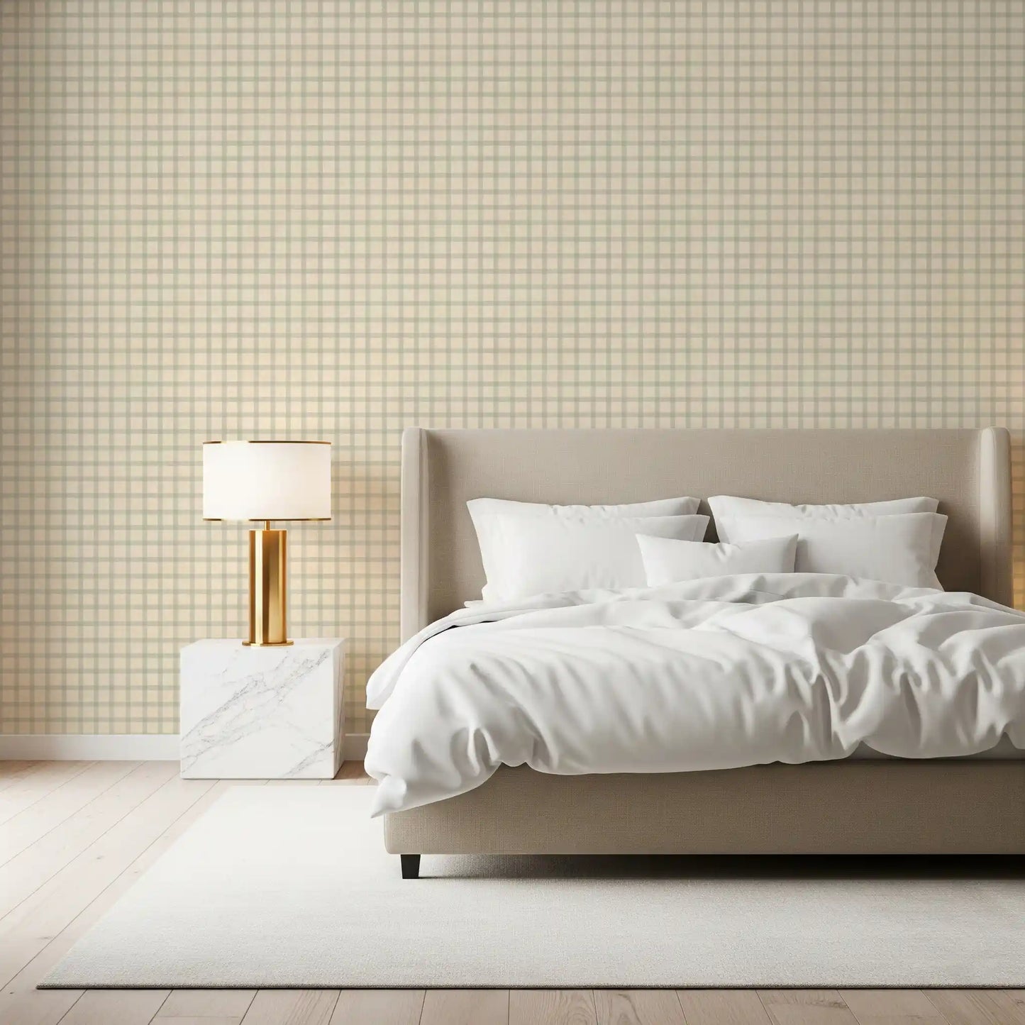 Bedroom setup with neutral gingham check wallpaper and soft canvas texture
