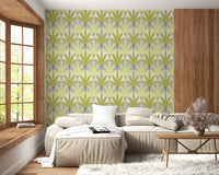 A hallway feels lighter with green fan motif wallpaper in vintage tones