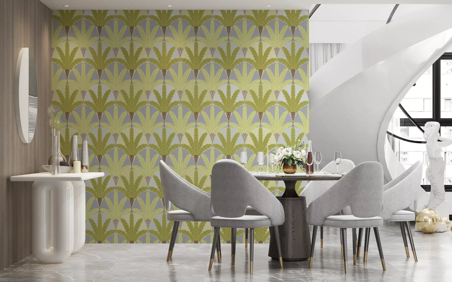 Gentle contrast defines this Dining room with botanical fan pattern wallpaper