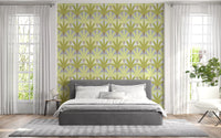 Deco fan wallpaper gives the Bedroom a balanced verdant flow