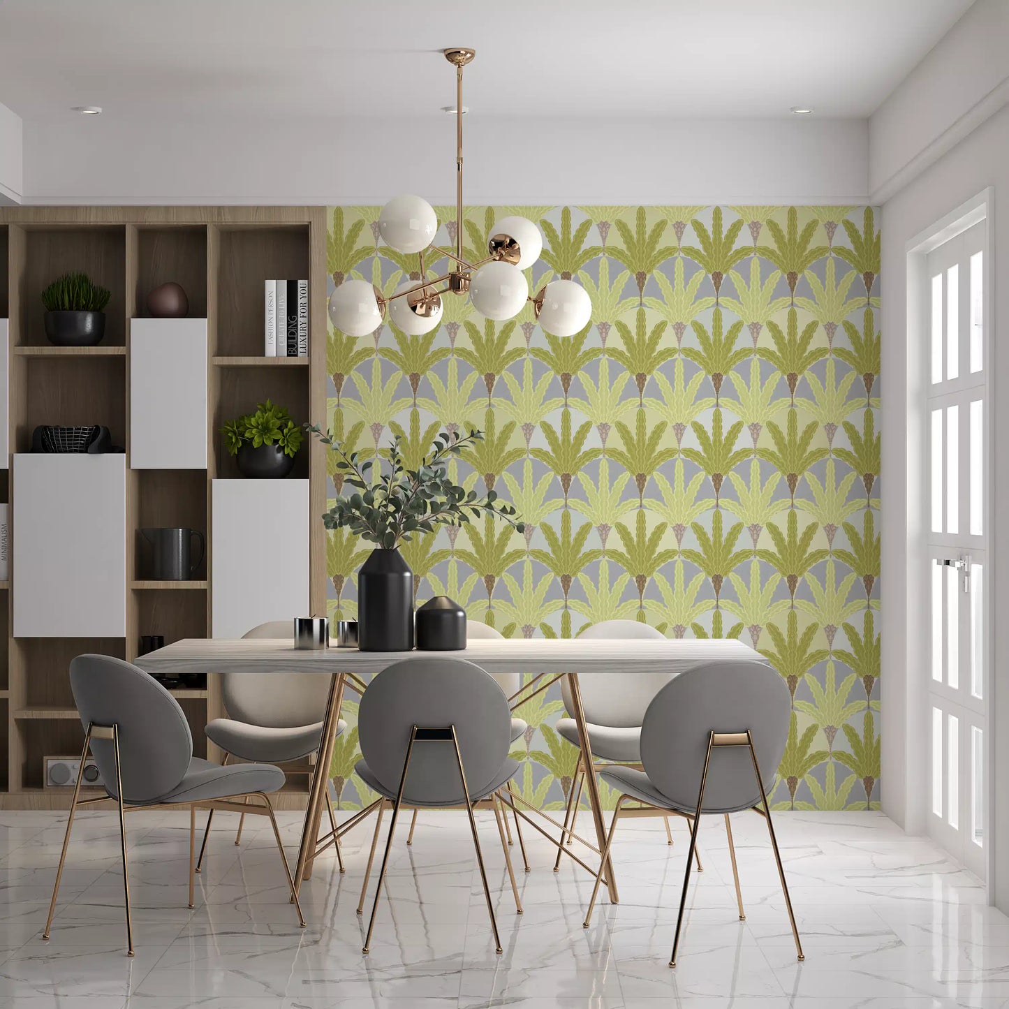 Elegant fan motif wallpaper adds quiet order to the Dining room