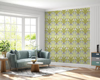 Verdant fan pattern wallpaper brings calm rhythm to the living room