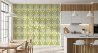 In the Kitchen and dining area, verdant fan wallpaper layers soft vintage structure
