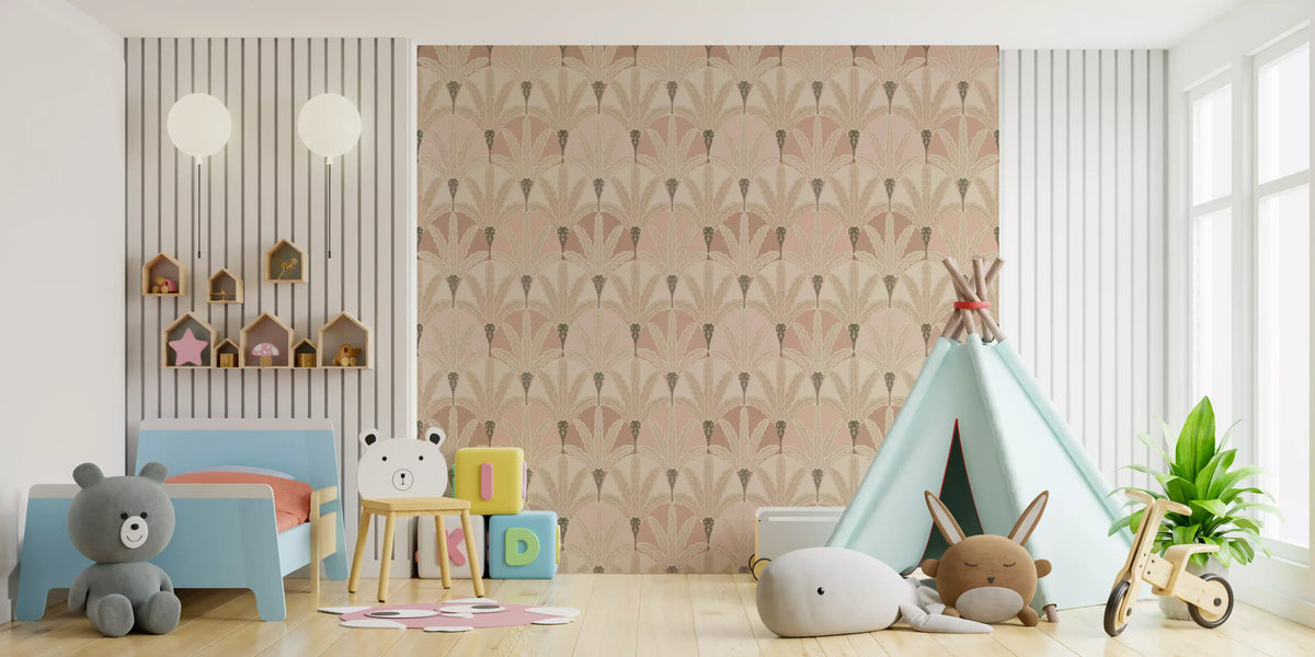 Nursery wallpaper with blush deco foliage and graceful leaf repeat styling detail