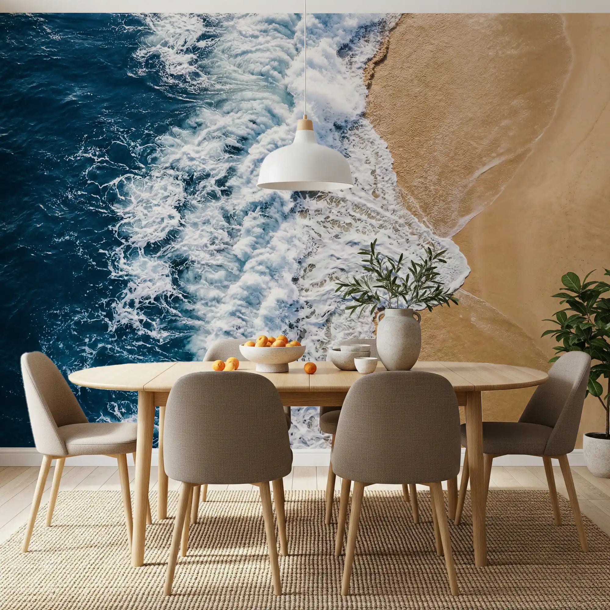 Dining room wall mural featuring ocean meets shore waves and golden sand sweep below