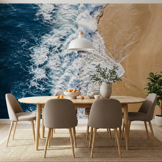 Dining room wall mural featuring ocean meets shore waves and golden sand sweep below