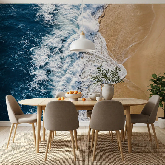 Dining room wall mural featuring ocean meets shore waves and golden sand sweep below