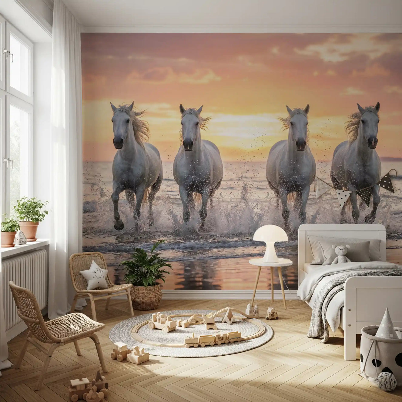 Toy room wall mural showing golden shore horses and splashing sunset tide motion