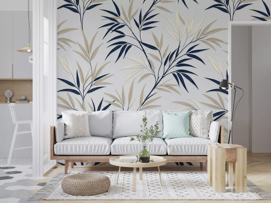 Serene bamboo wall mural with beige and navy leaves in living room