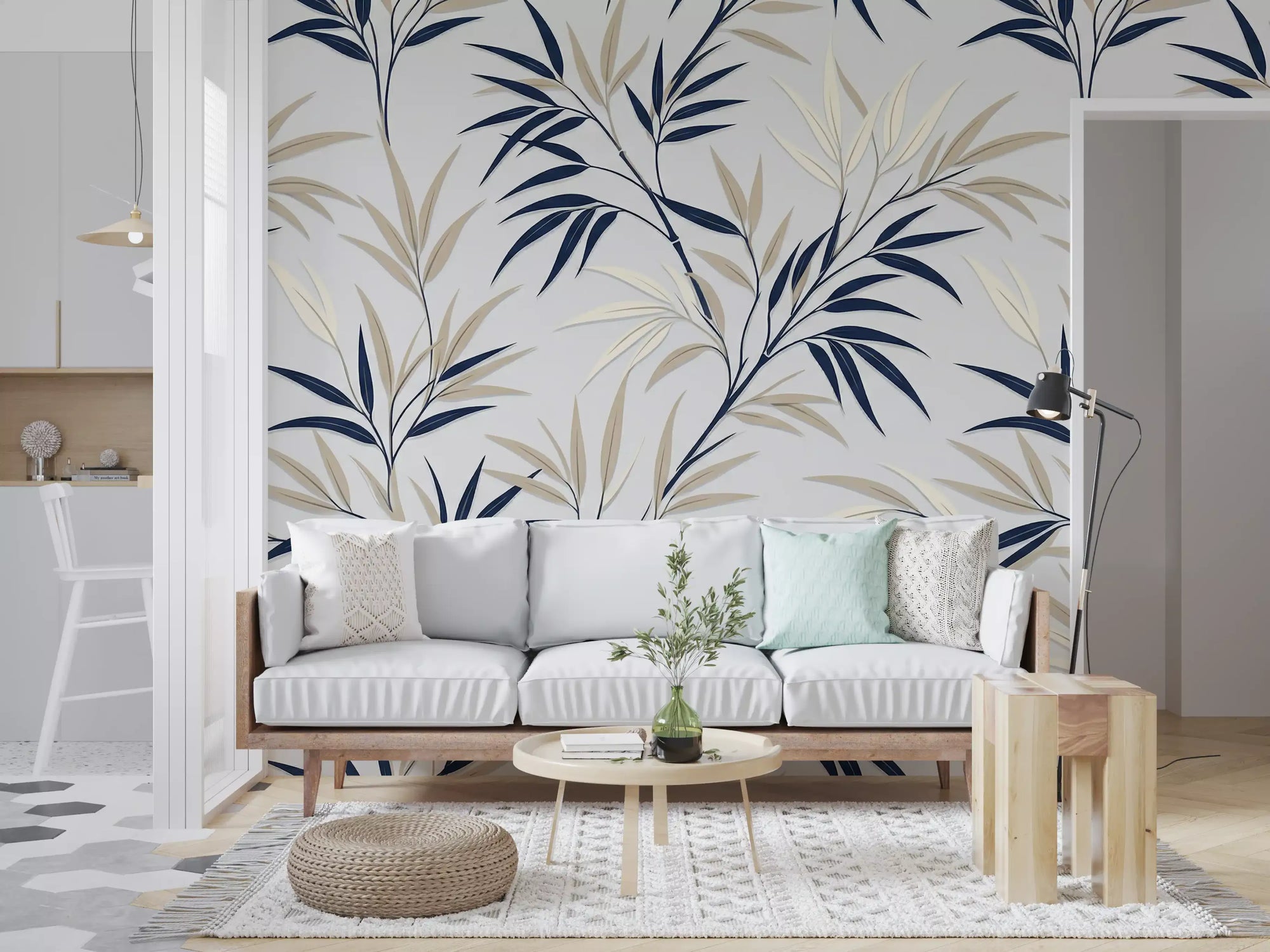 Serene bamboo wall mural with beige and navy leaves in living room