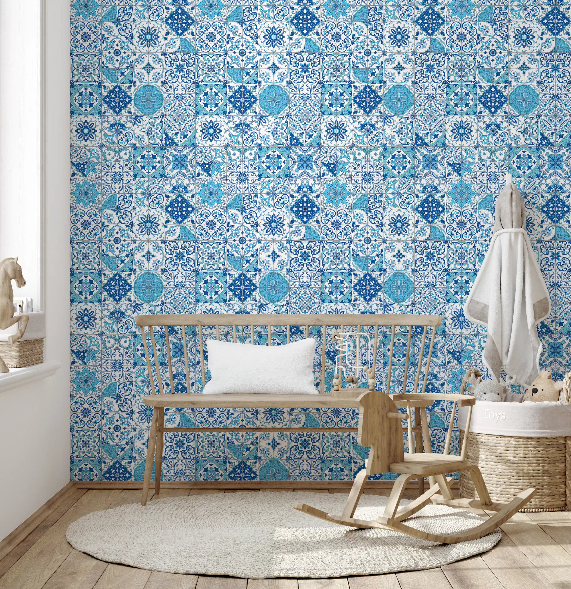 Blue tile wallpaper with repeating square motifs and white base