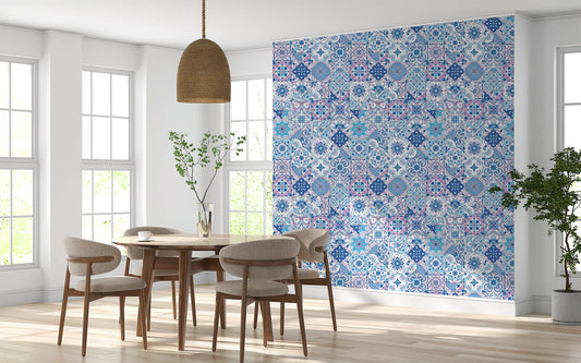 Azulejo wallpaper in a bathroom with detailed tile layout