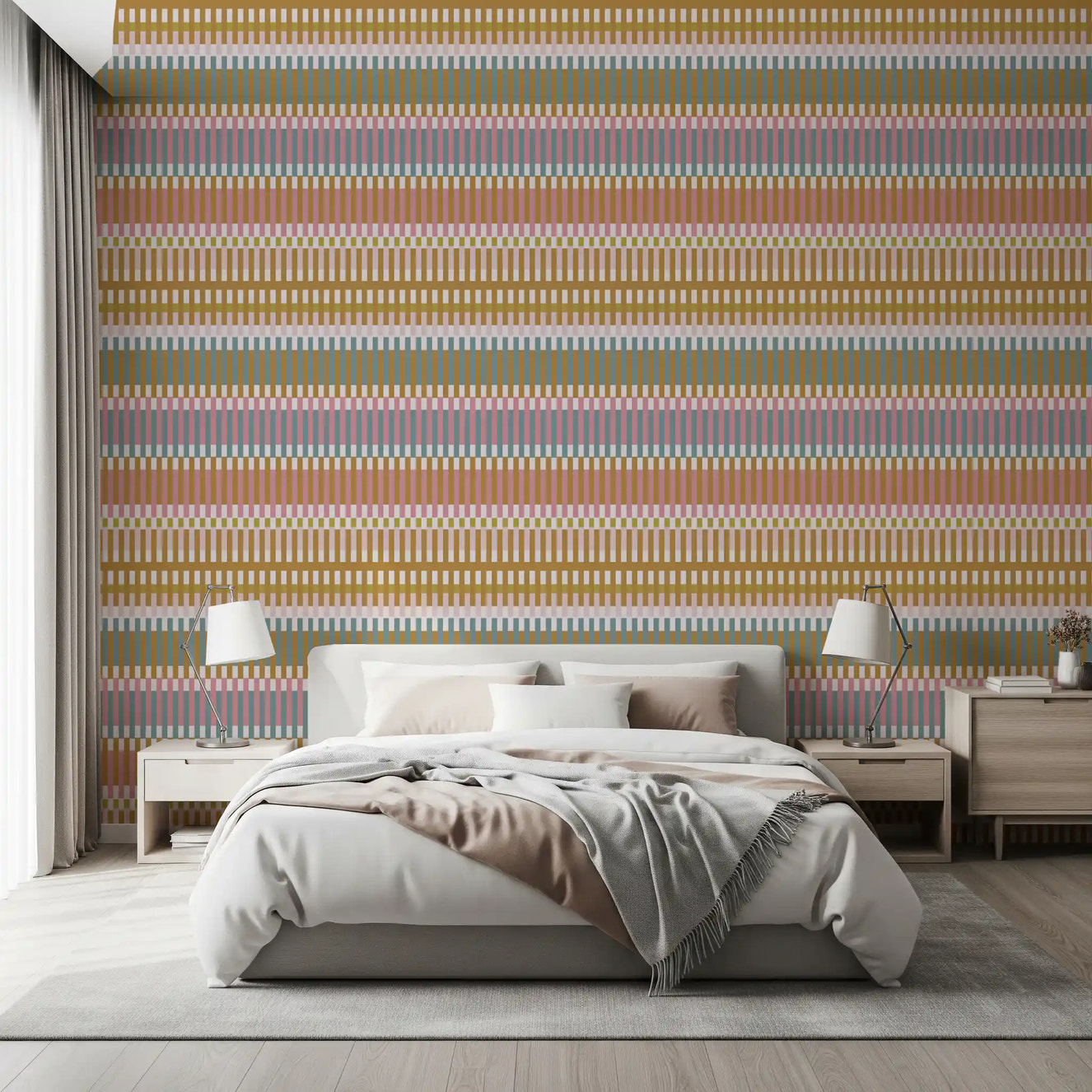 Geometric stripe wallpaper in a bedroom with muted retro color blocks