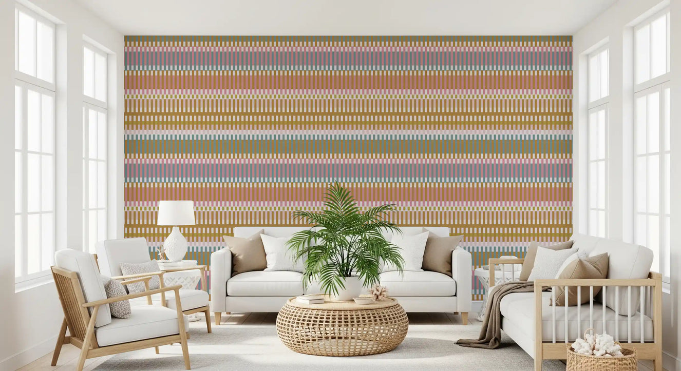 Retro Weave Blocks wallpaper in a living room with vertical stripe pattern design