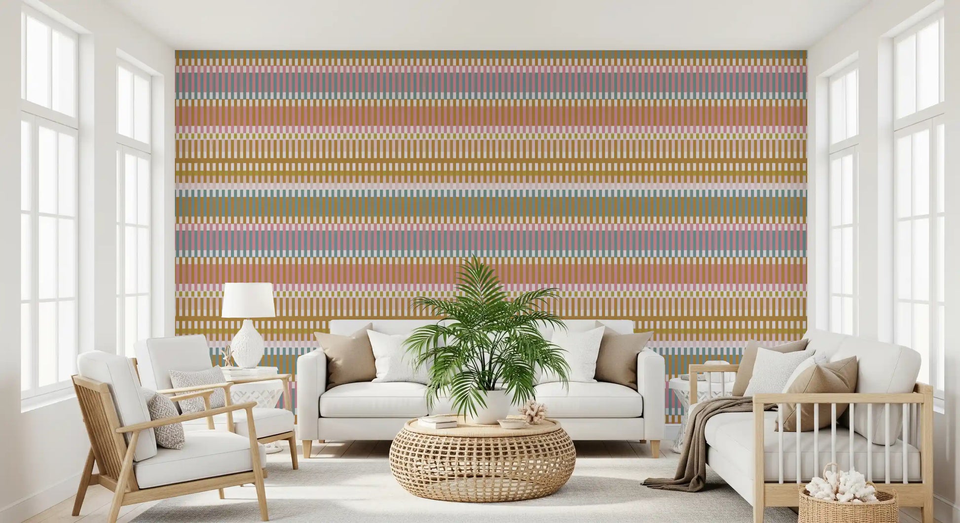 Retro Weave Blocks wallpaper in a living room with vertical stripe pattern