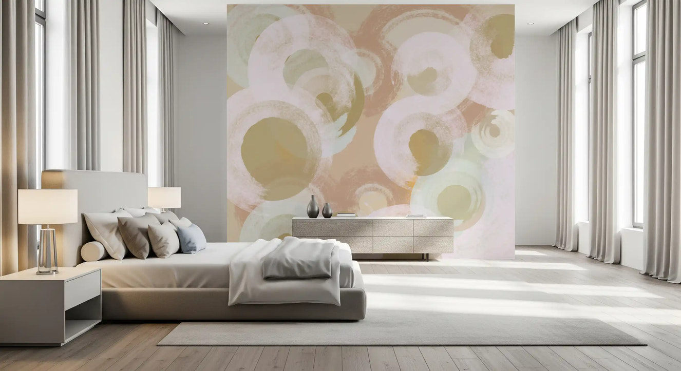 Abstract oval wall mural in a bedroom with muted beige and blush tones